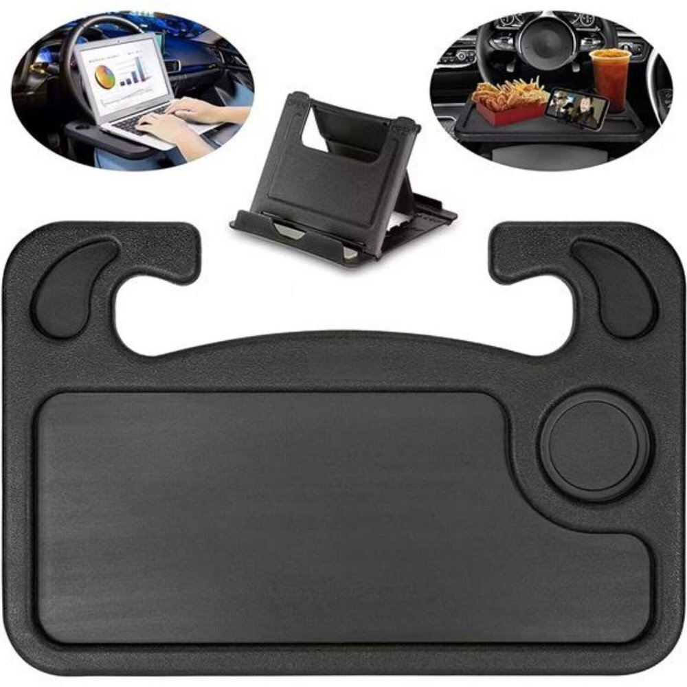 Car Steering Wheel Tray Table, Steering Wheel Desk with Cell Phone Stand, Black